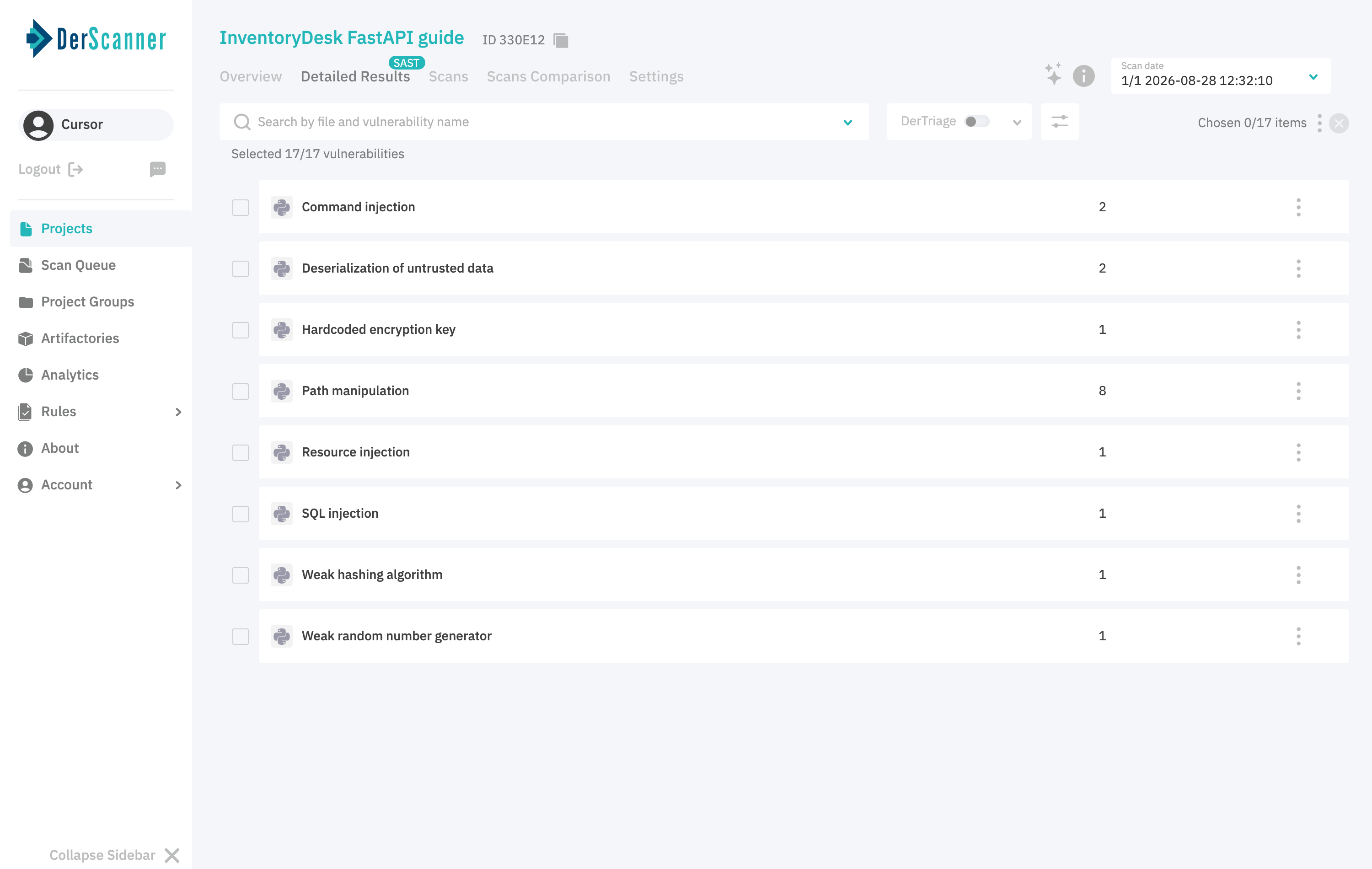 SAST detailed results listing SQL injection and command injection for InventoryDesk FastAPI guide