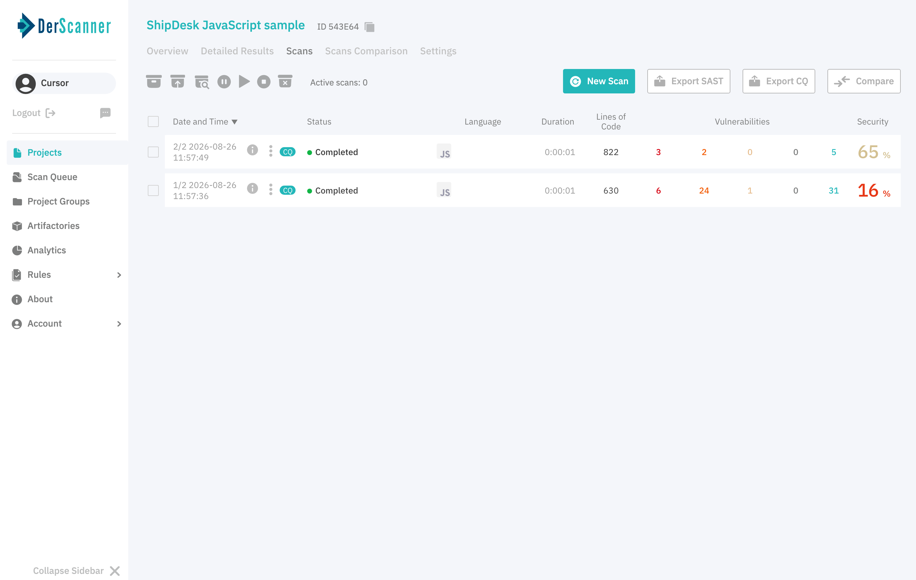 DerScanner scan list with baseline and after-remediation JavaScript scans