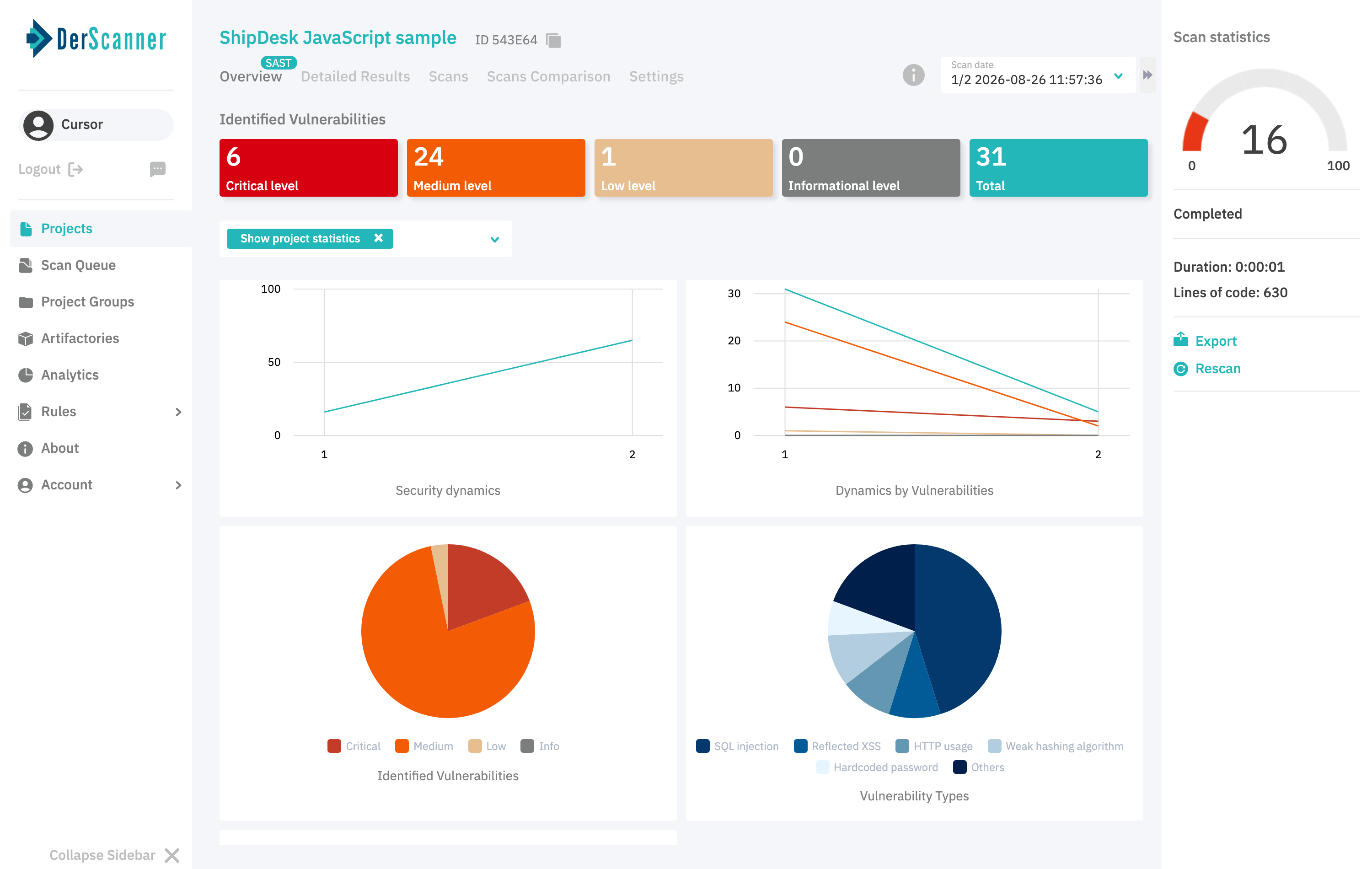 DerScanner security overview for the baseline JavaScript scan showing score 16 and 31 findings
