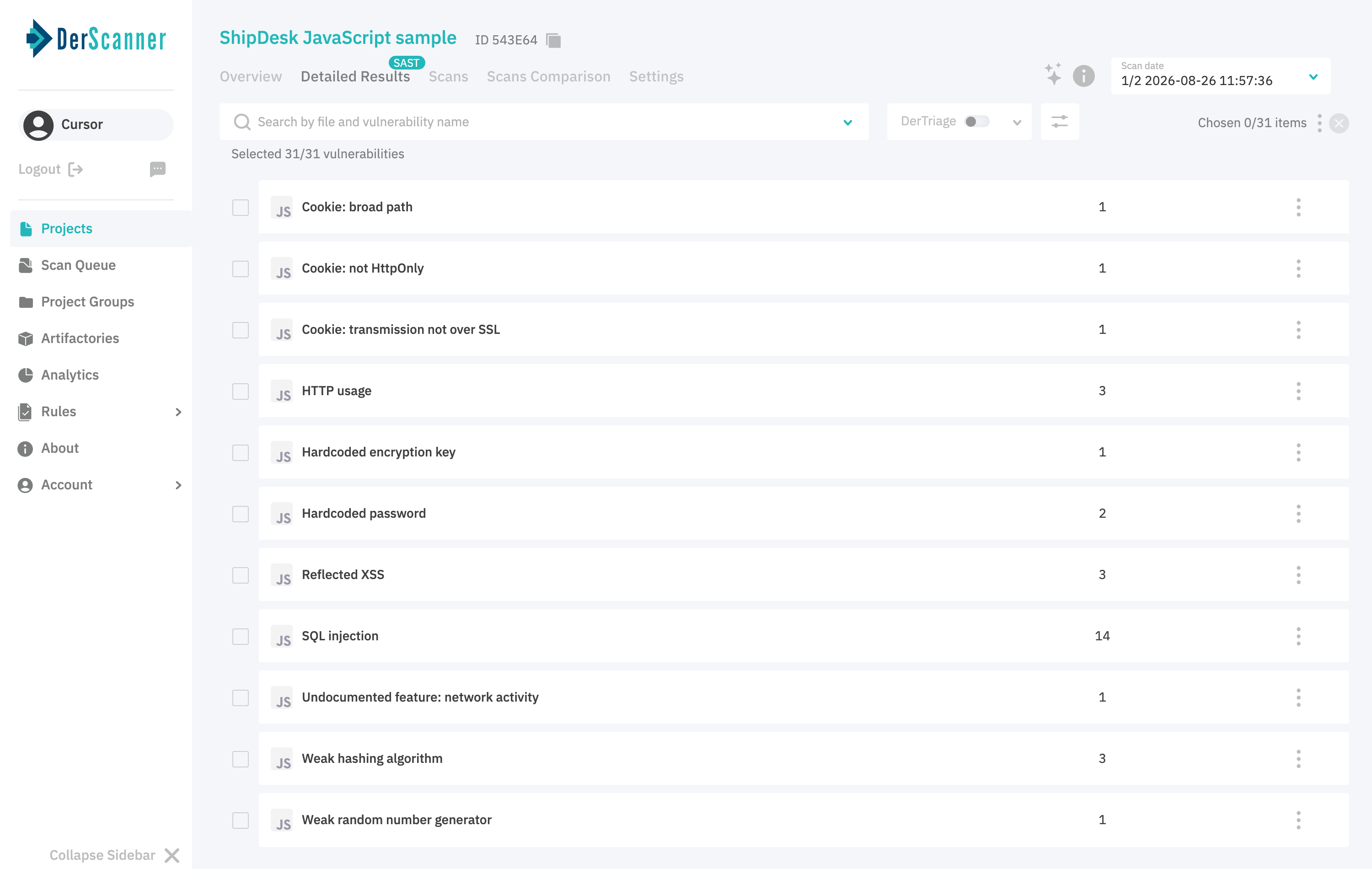 DerScanner detailed results for the baseline ShipDesk JavaScript scan