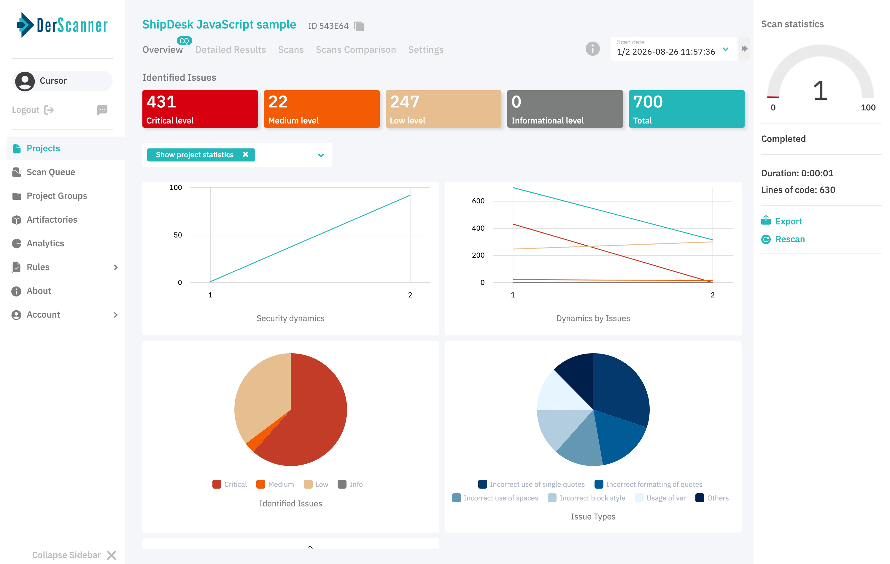 DerScanner Code Quality overview for the baseline scan showing 431 critical findings and a score of 1