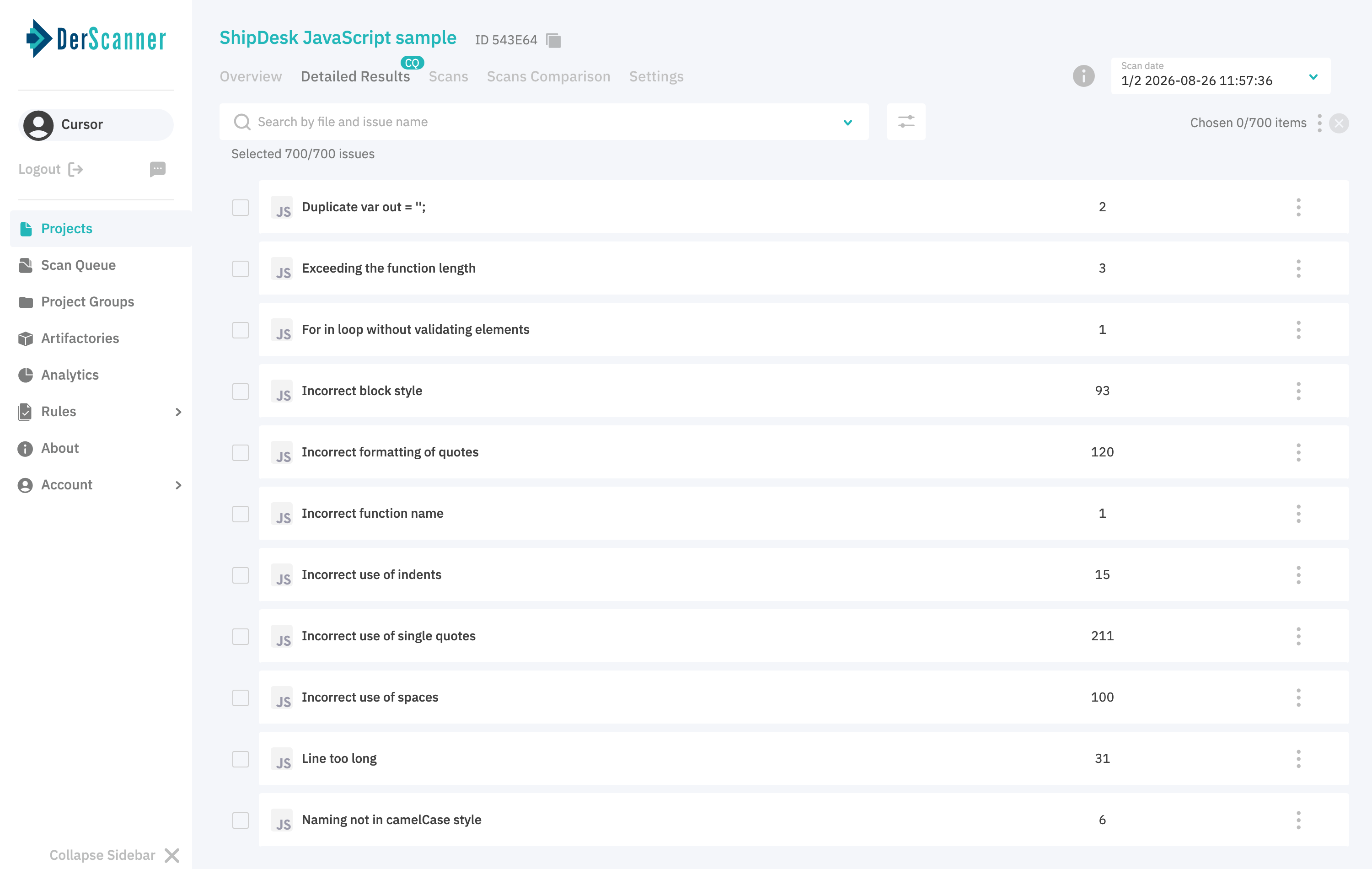 DerScanner Code Quality detailed results for the baseline scan