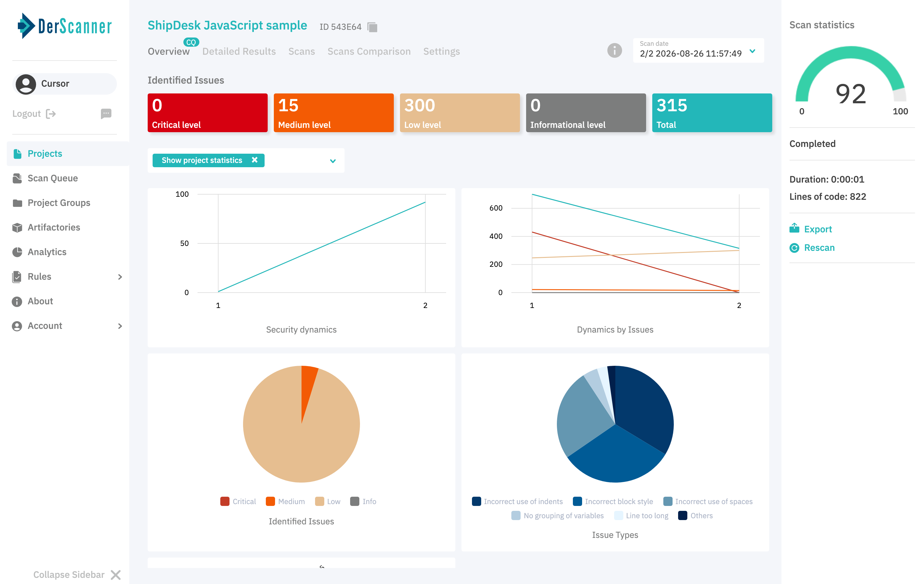 DerScanner Code Quality overview after remediation showing zero critical findings and a score of 92