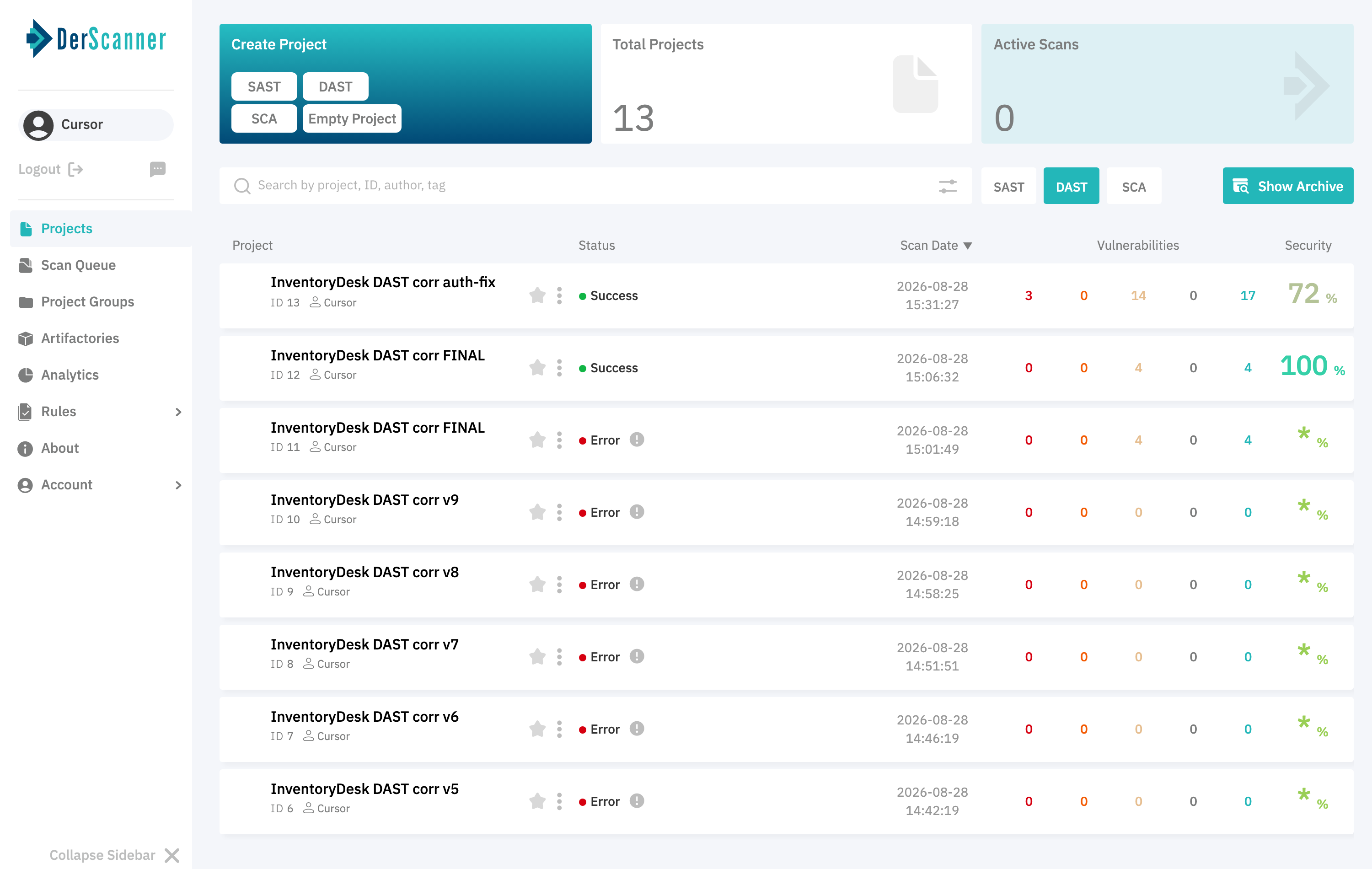 DerScanner DAST projects list signed in as the Cursor account