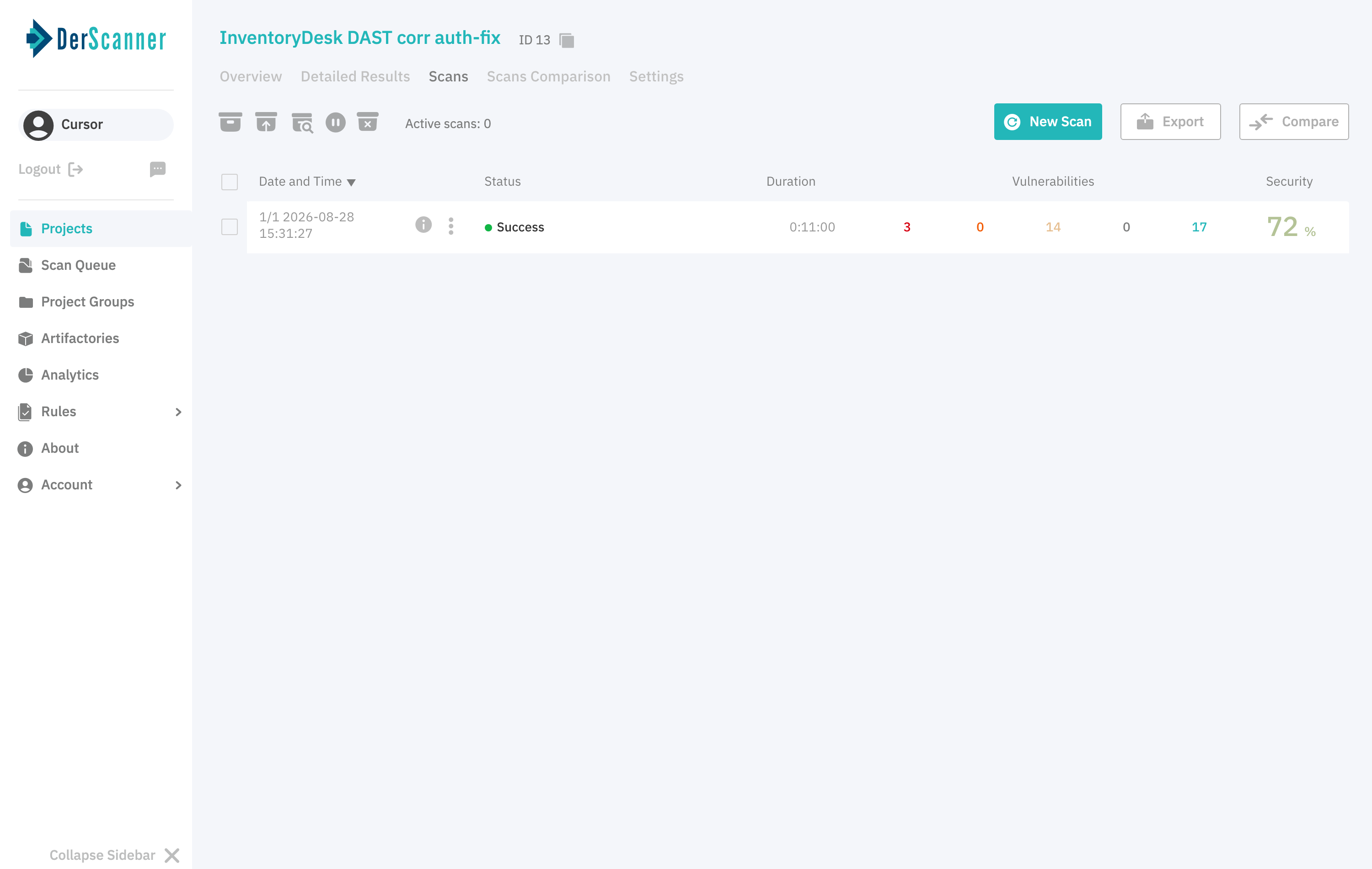 DAST project scans list showing a successful InventoryDesk scan