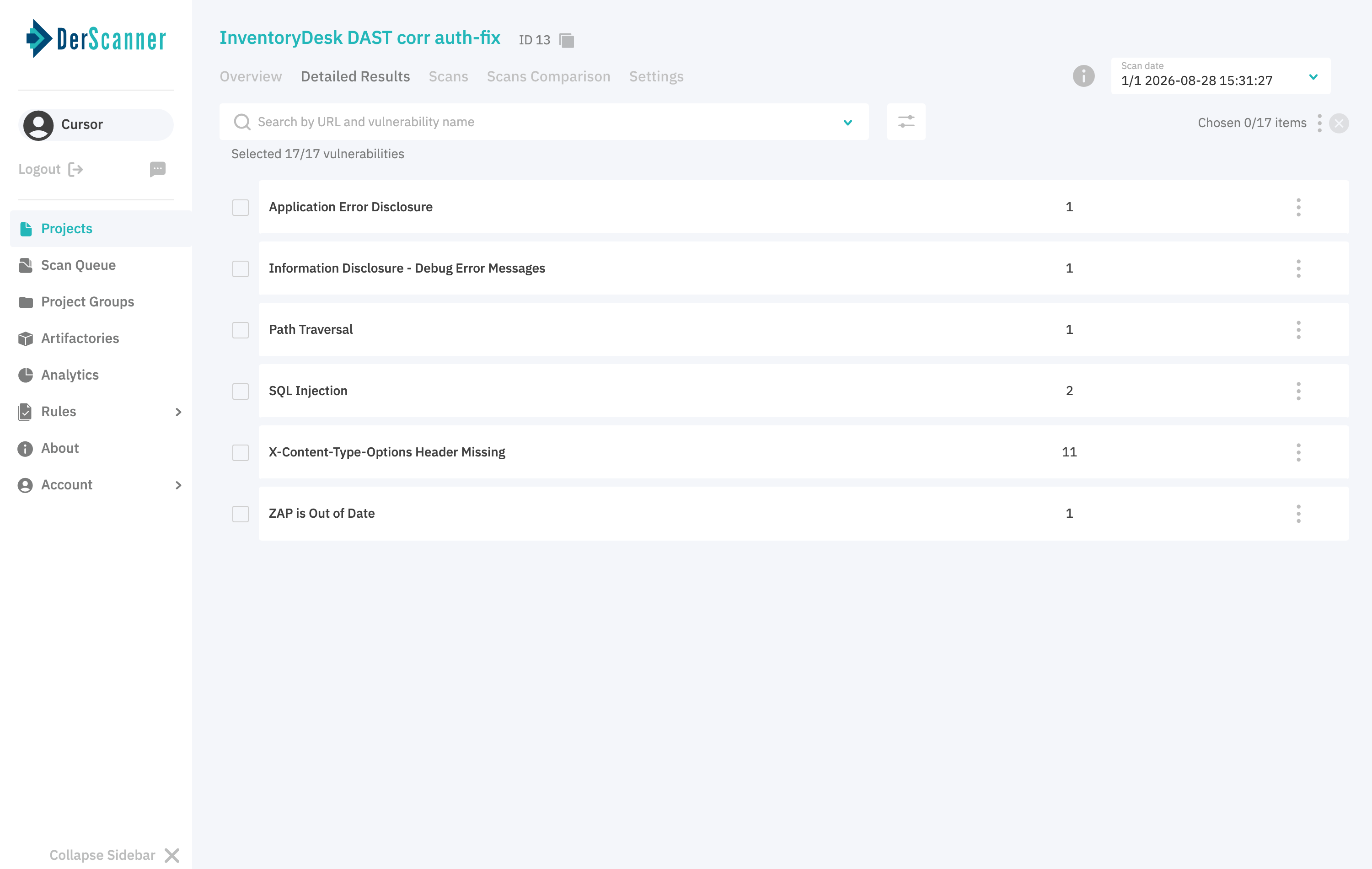 DAST detailed results listing SQL injection on the requests endpoint