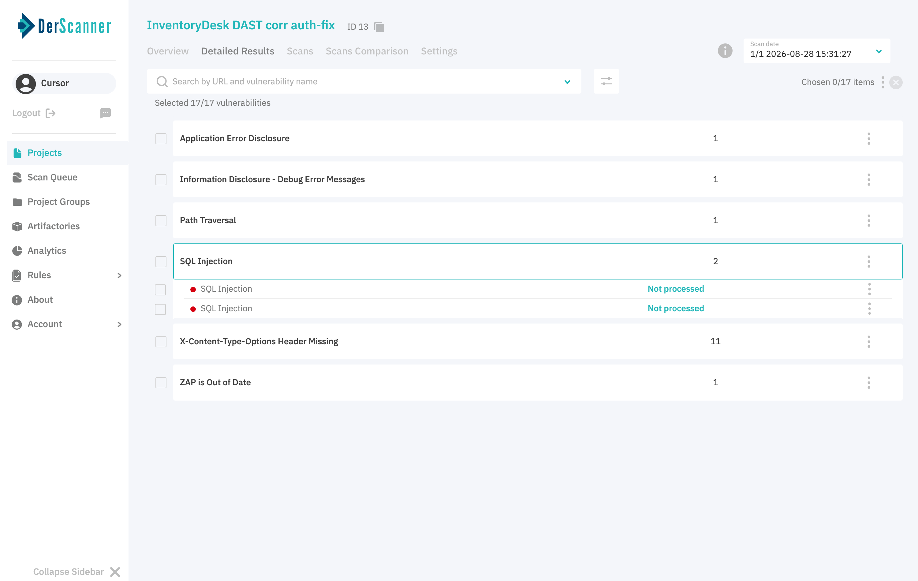 DAST SQL injection detail for the requests search parameter