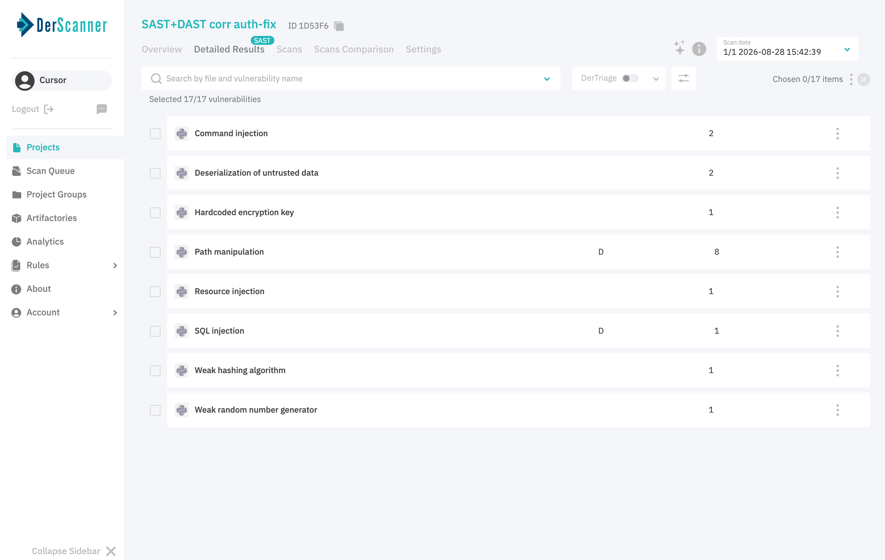 SAST detailed results with D correlation badges on multiple findings