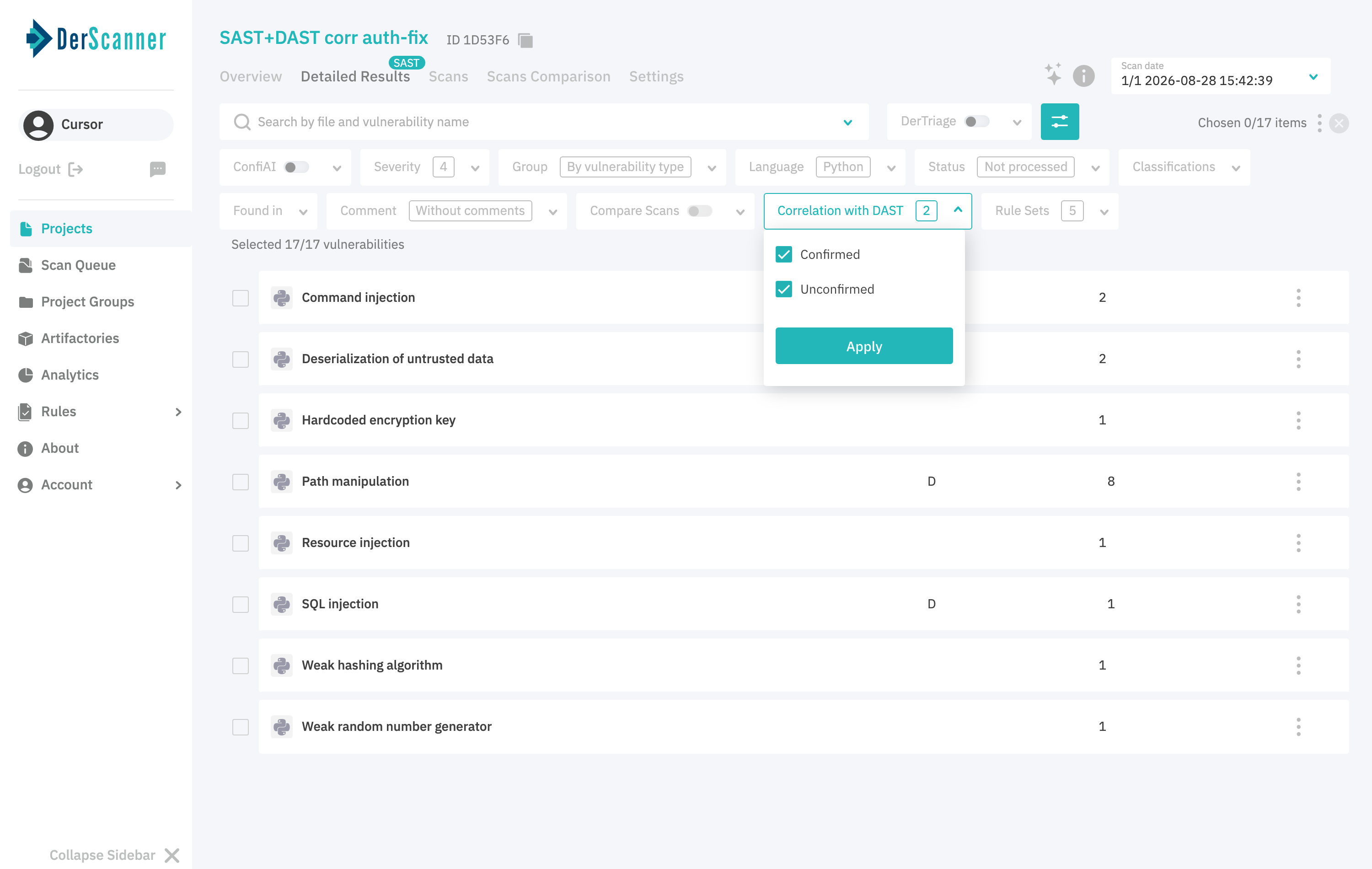 SAST Correlation with DAST filter menu open