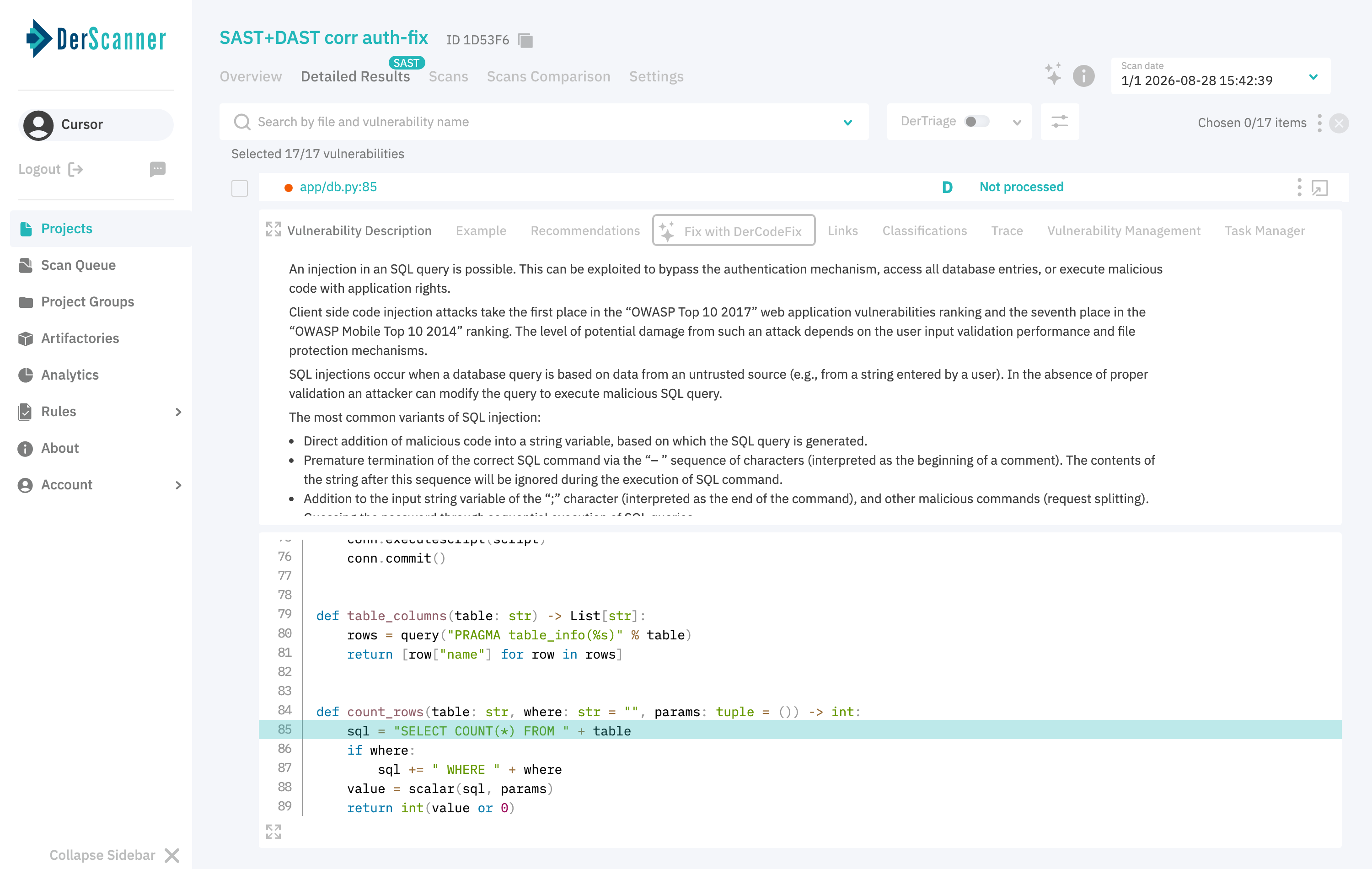 PYTHON_INJECTION_SQL finding with D correlation badge and app/db.py source