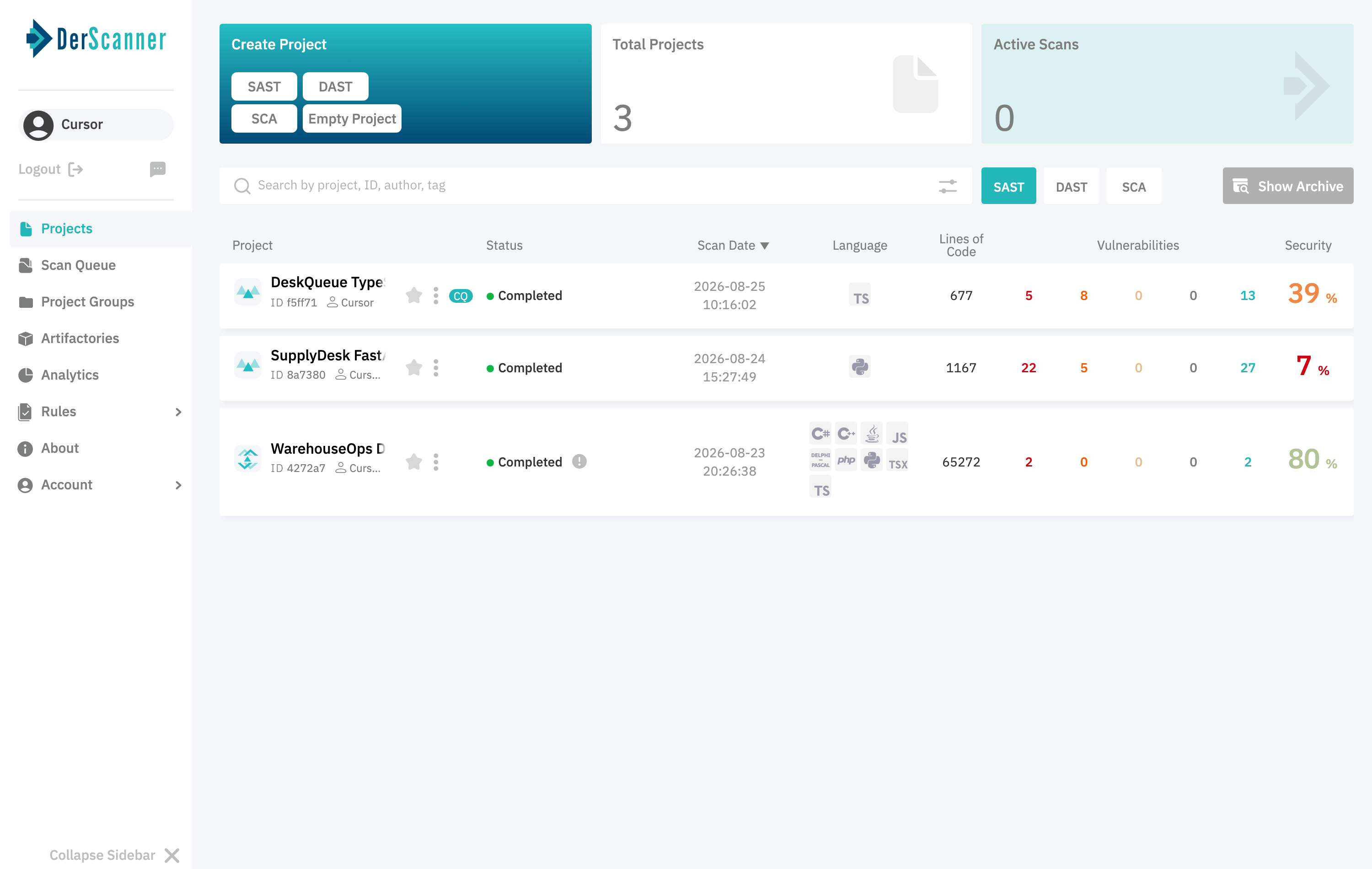 DerScanner project list showing DeskQueue TypeScript sample