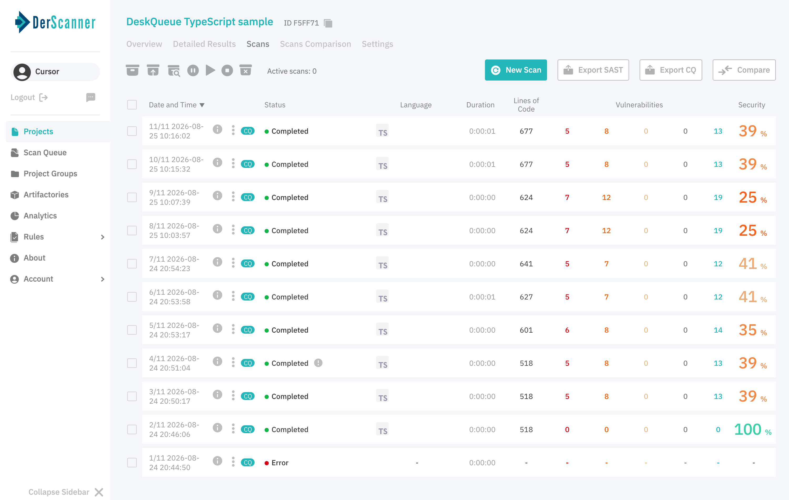 DerScanner scan list with baseline and after-remediation TypeScript scans