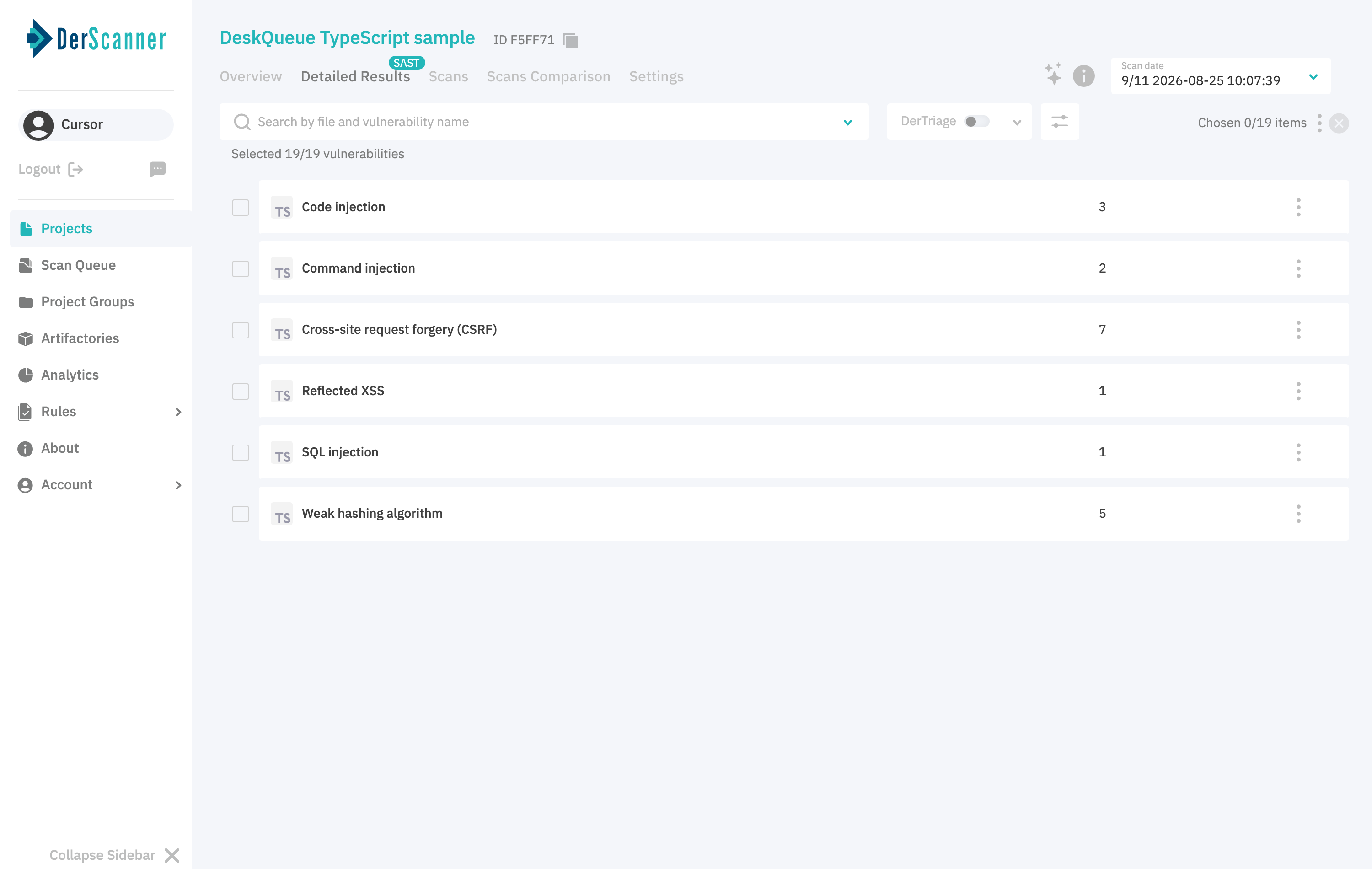 DerScanner detailed results for baseline DeskQueue TypeScript scan