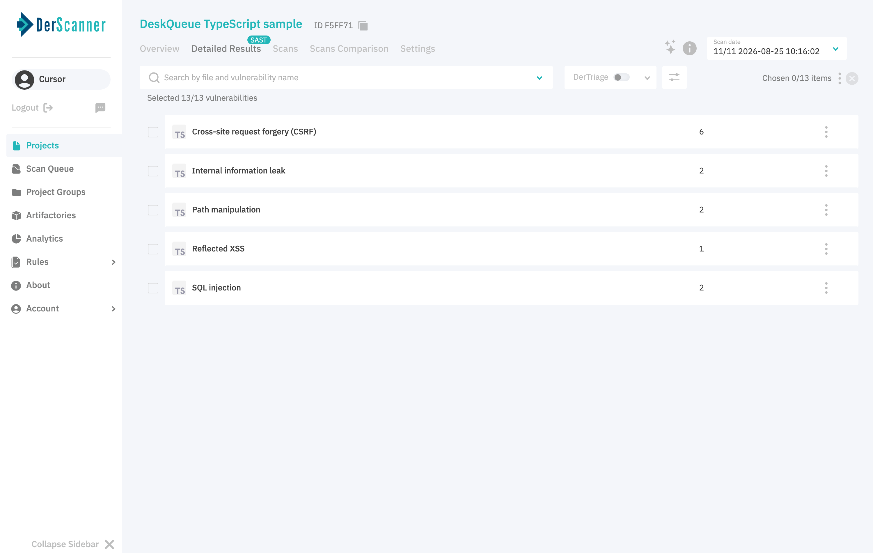 DerScanner detailed results after remediation rescan