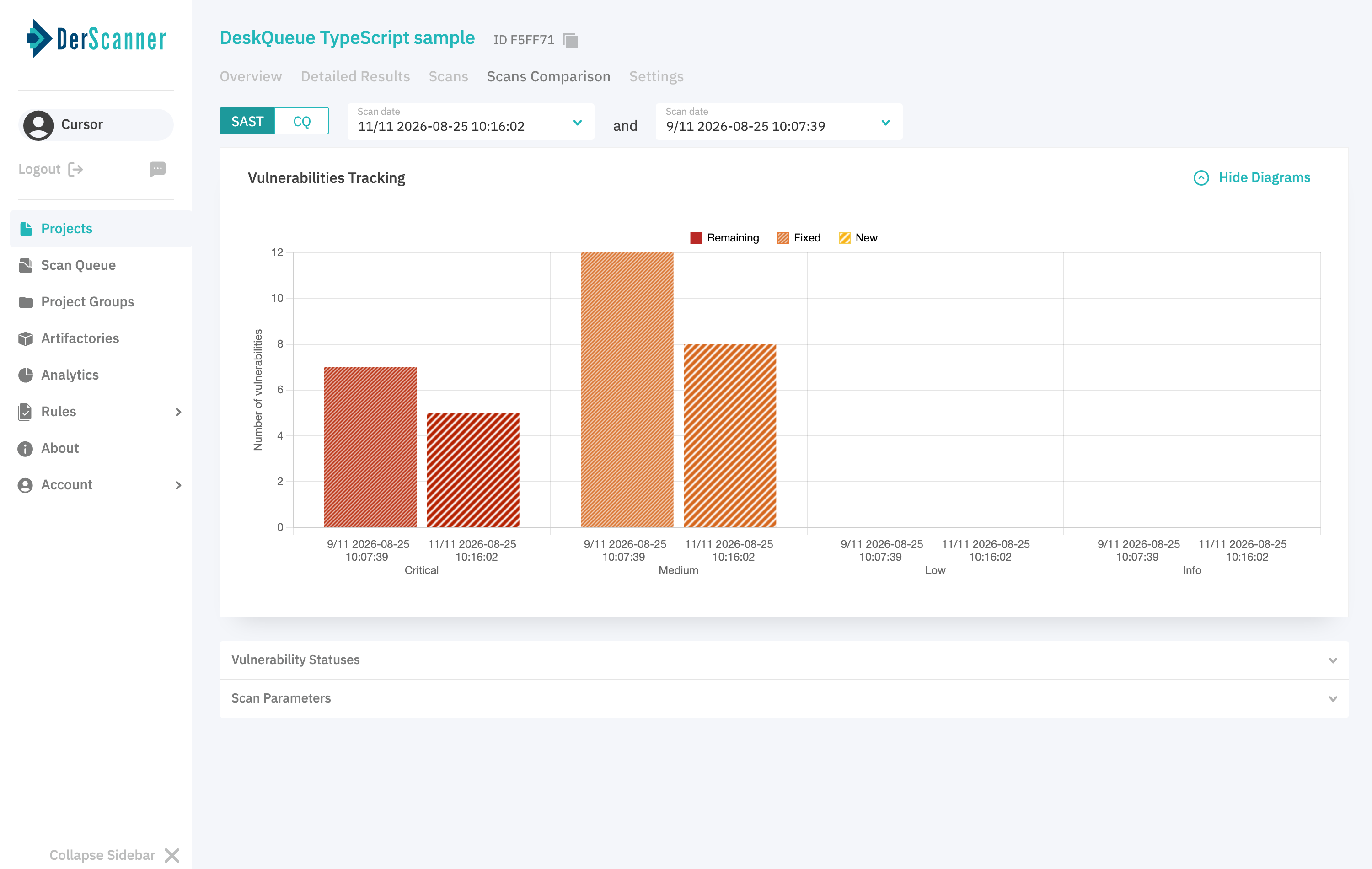 DerScanner Scans Comparison chart for baseline and after-remediation scans