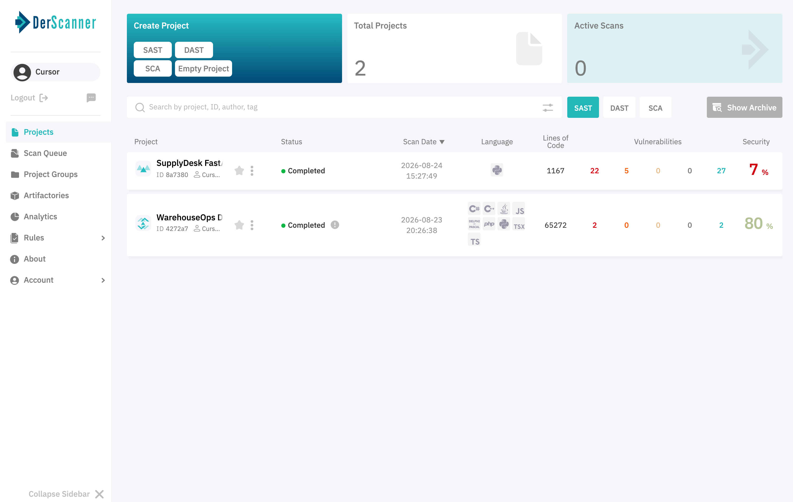 DerScanner projects list under the Cursor account showing SupplyDesk FastAPI sample