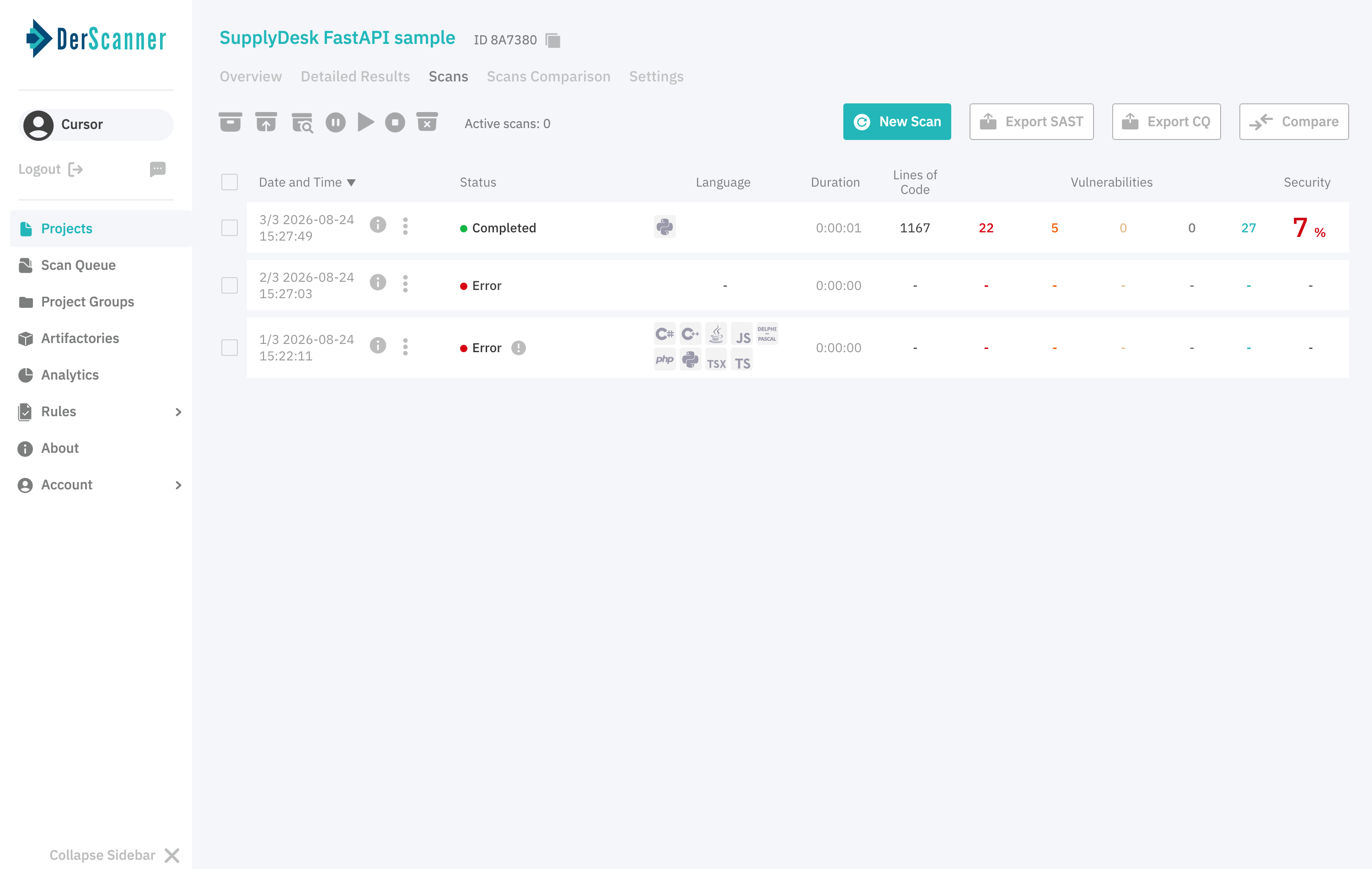DerScanner scan list showing a completed Python scan for SupplyDesk FastAPI sample