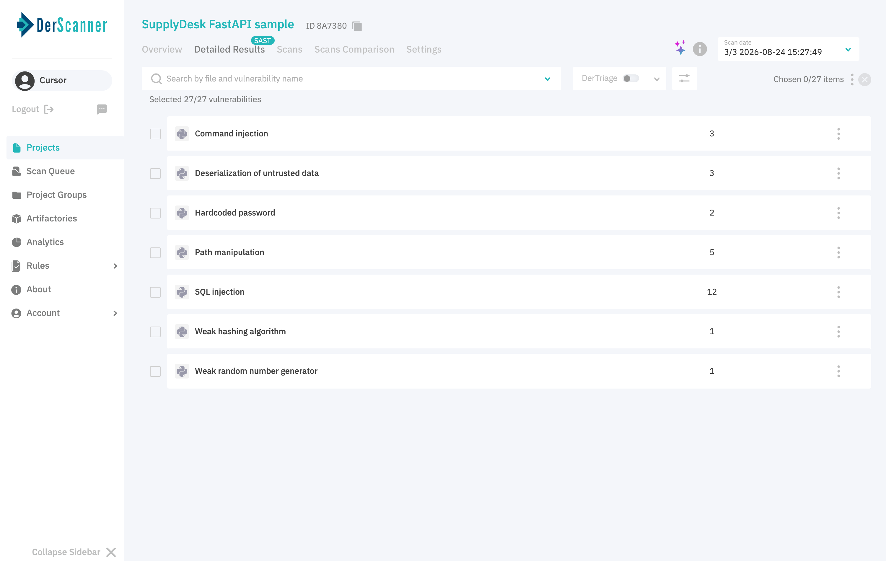 Detailed results screen listing vulnerability groups for the SupplyDesk scan