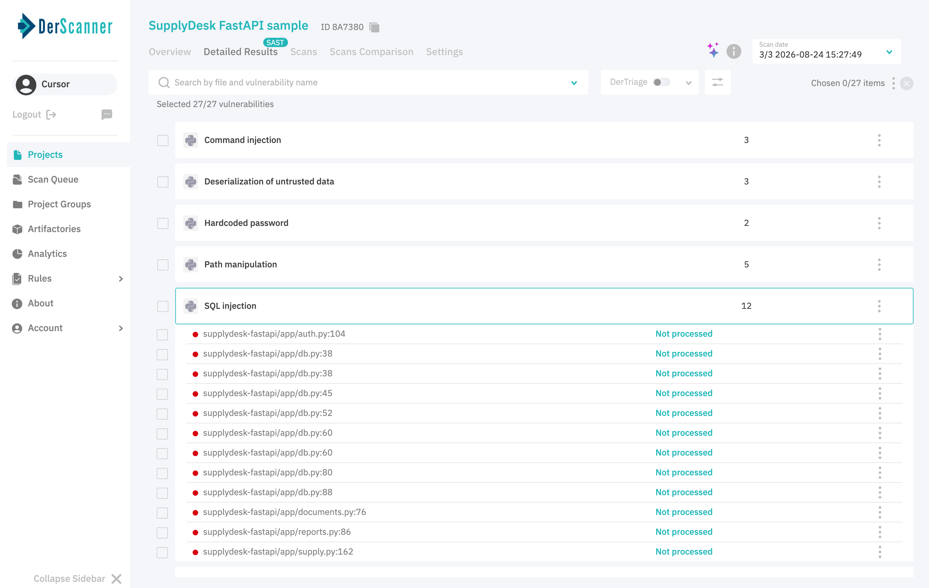 Expanded SQL injection group with individual finding rows visible