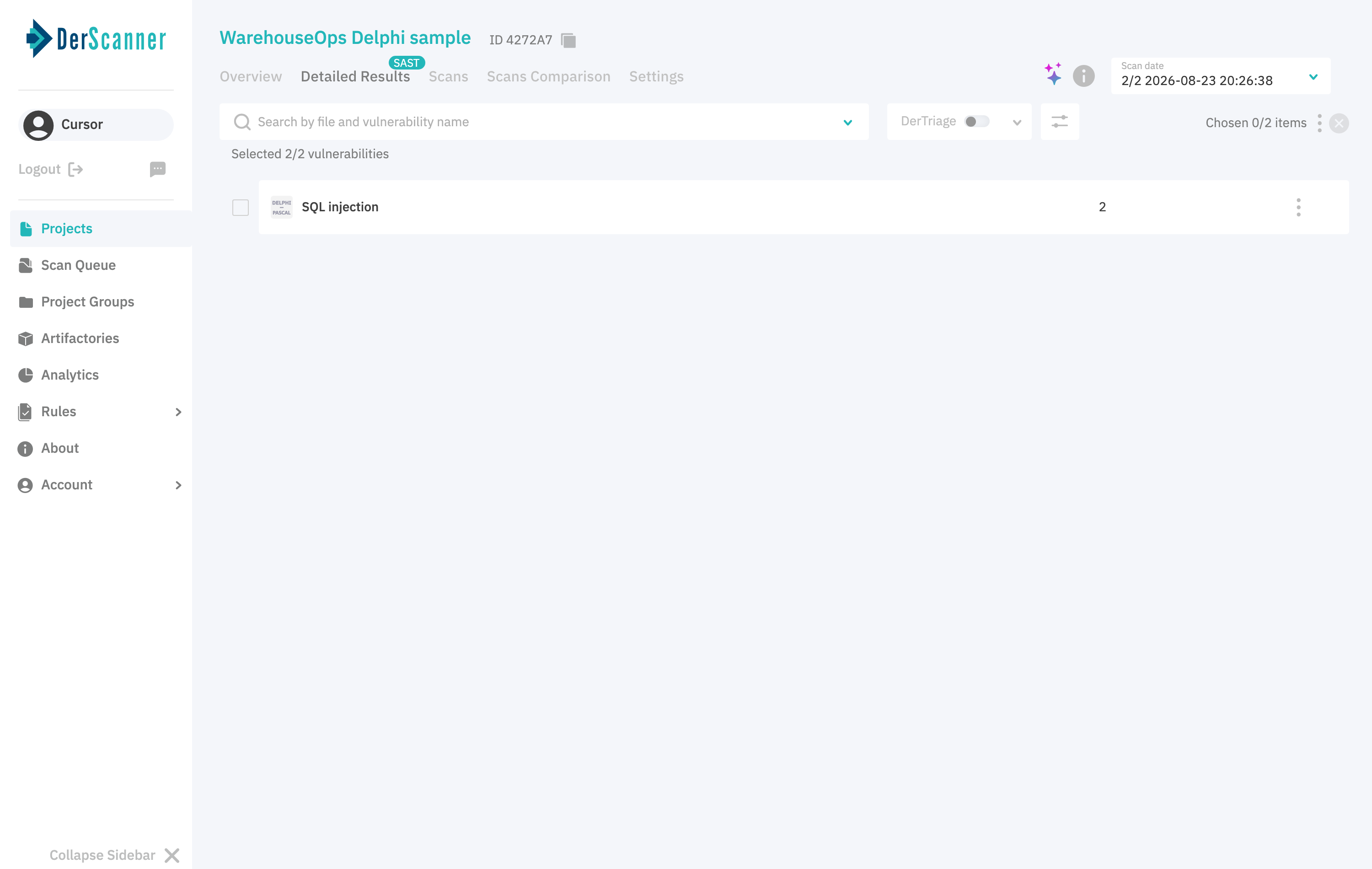 Detailed results screen listing one SQL injection group containing two findings