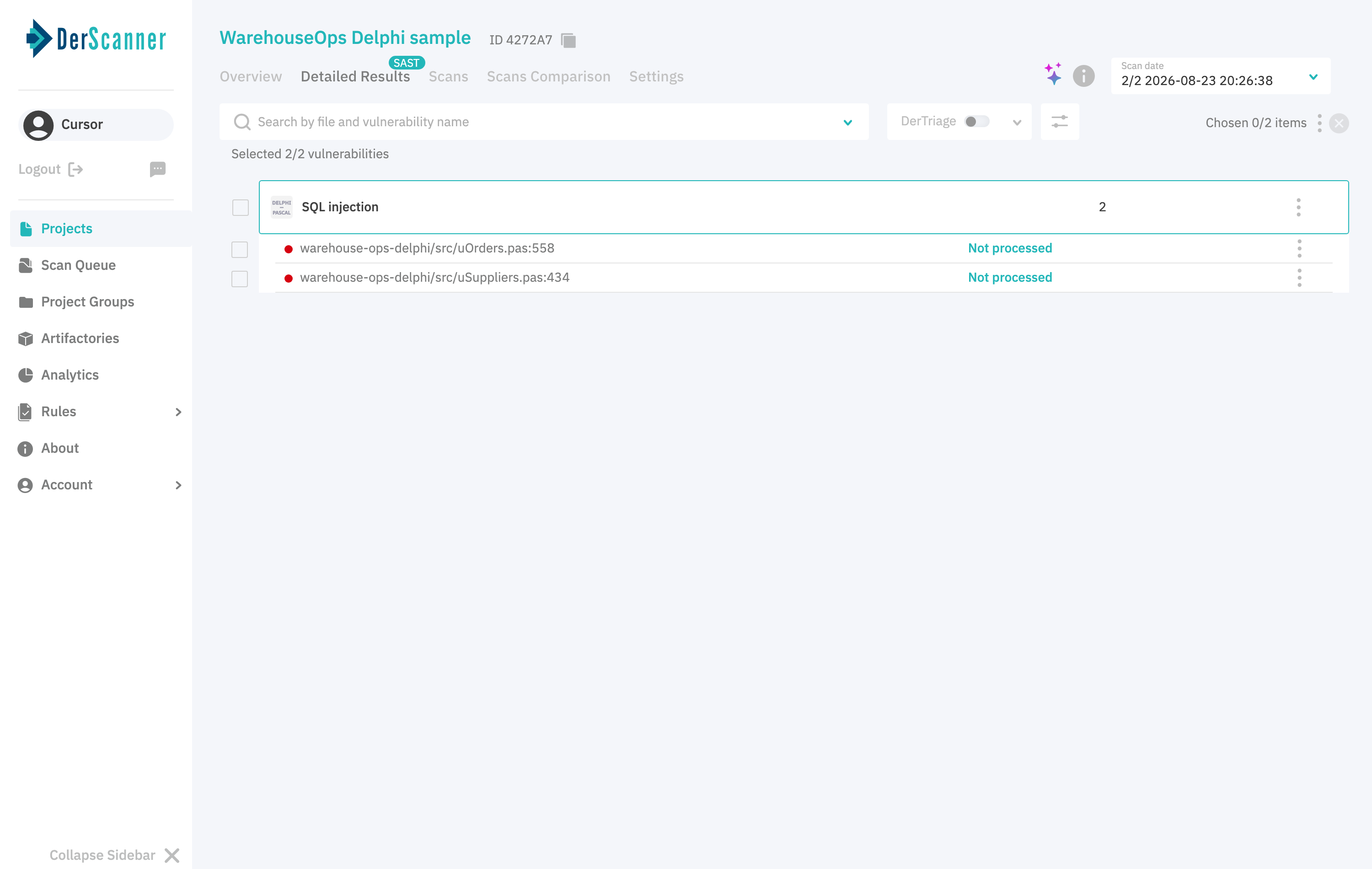 Expanded SQL injection group showing two findings with per-finding action menus