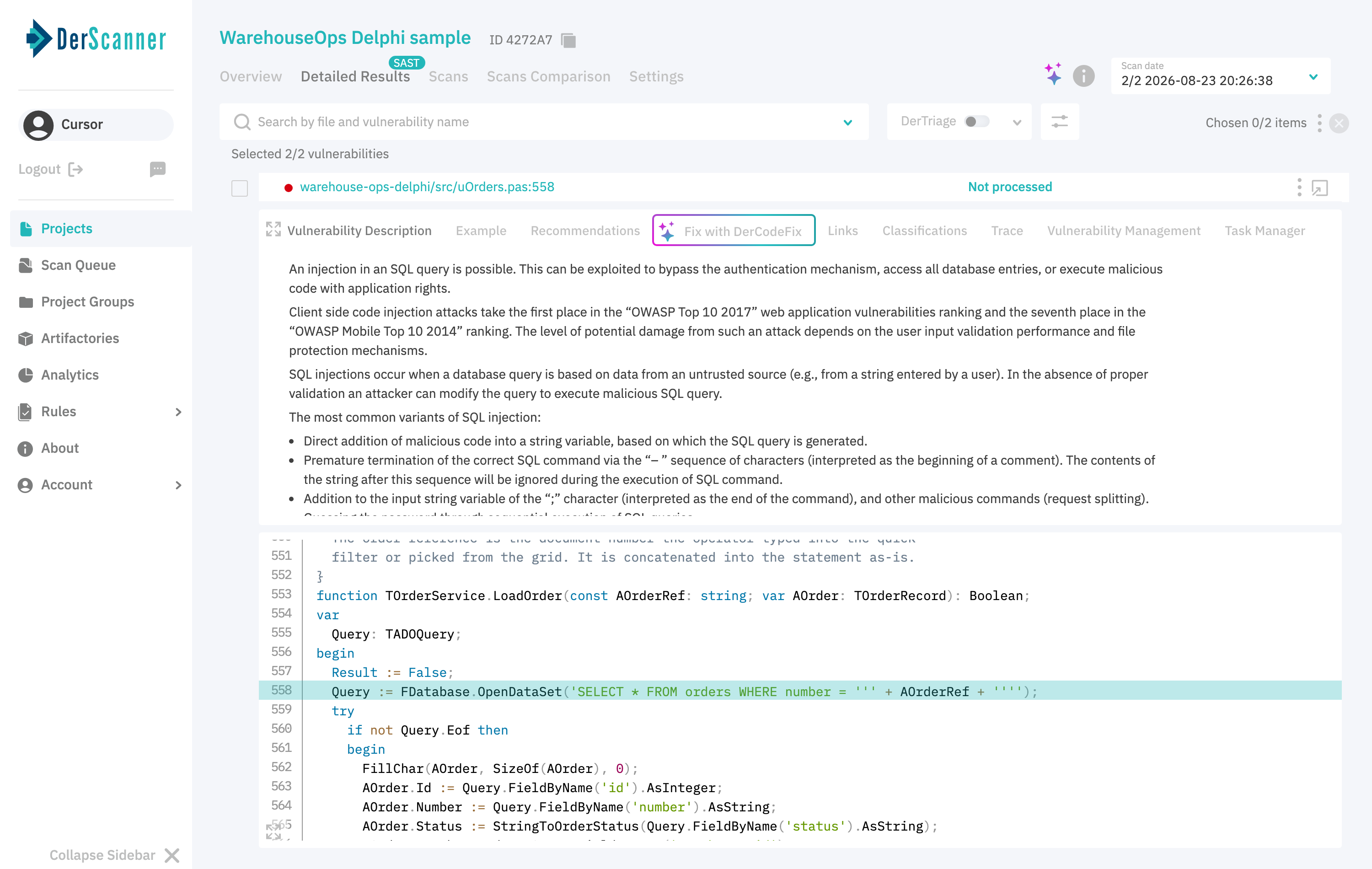 Finding detail in DerScanner with line 558 of uOrders.pas highlighted