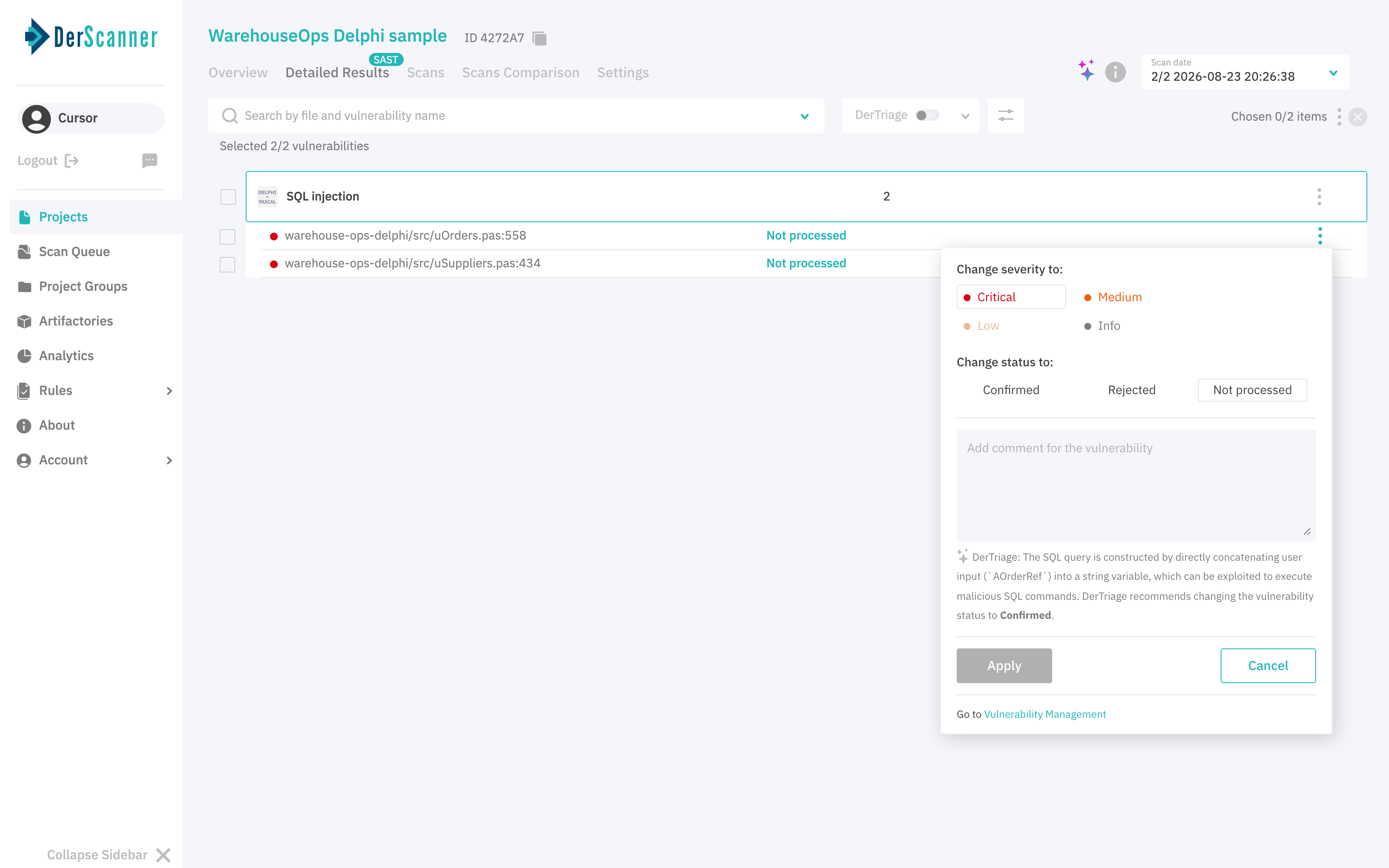 Finding actions menu showing the DerTriage verdict text recommending the Confirmed status